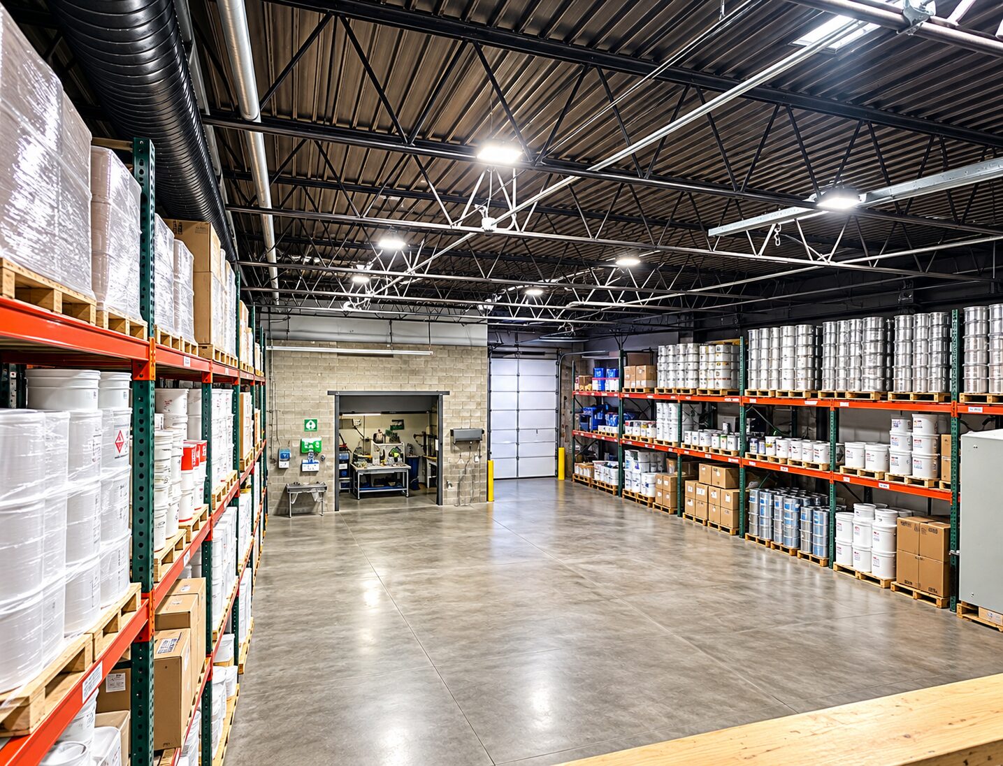 Warehouse with racked inventory, pallets of product, and a forklift